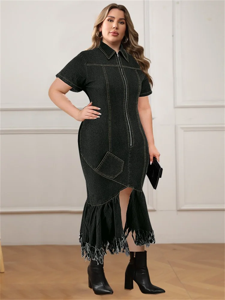 Wmstar Denim Plus Size Dresses for Women Summer Solid Zipper Tassel Hem Fashion Elegant Maxi Dress Wholesale Dropshipping 2024