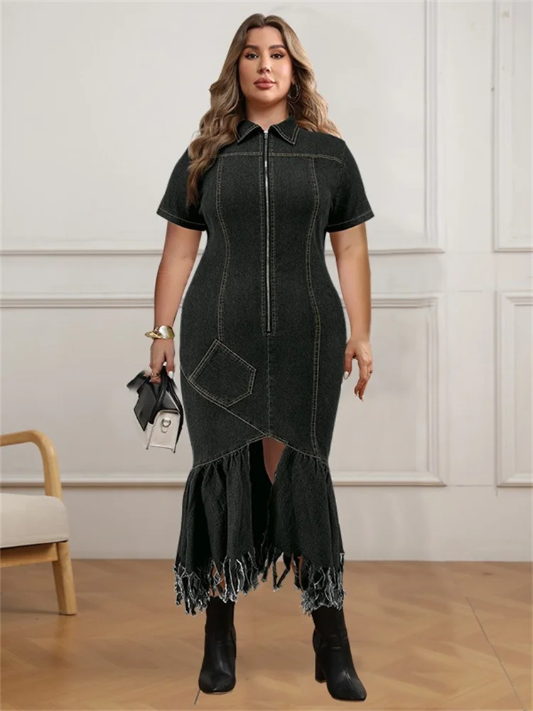 Wmstar Denim Plus Size Dresses for Women Summer Solid Zipper Tassel Hem Fashion Elegant Maxi Dress Wholesale Dropshipping 2024