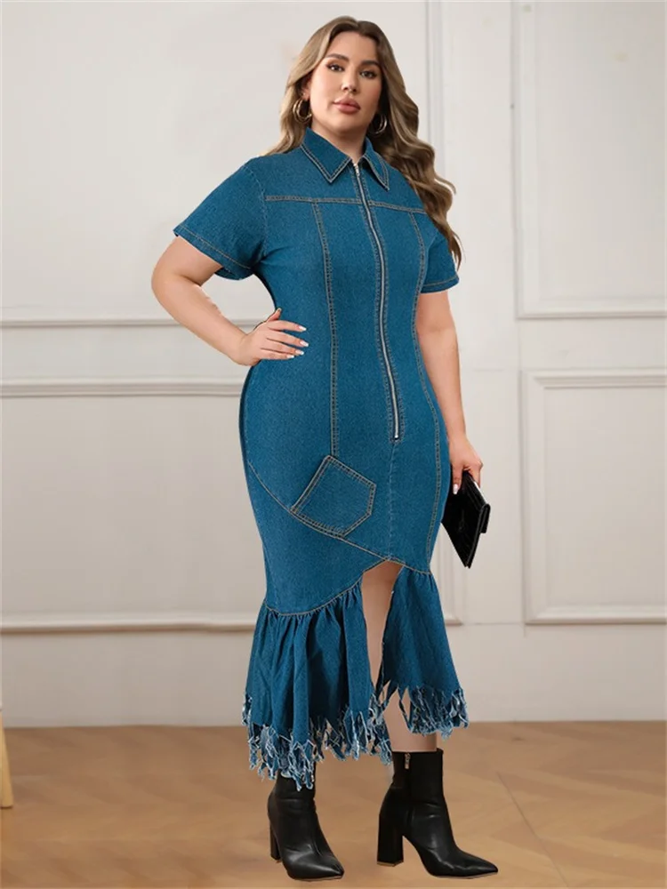 Wmstar Denim Plus Size Dresses for Women Summer Solid Zipper Tassel Hem Fashion Elegant Maxi Dress Wholesale Dropshipping 2024