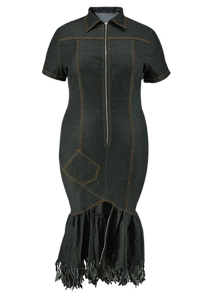 Wmstar Denim Plus Size Dresses for Women Summer Solid Zipper Tassel Hem Fashion Elegant Maxi Dress Wholesale Dropshipping 2024