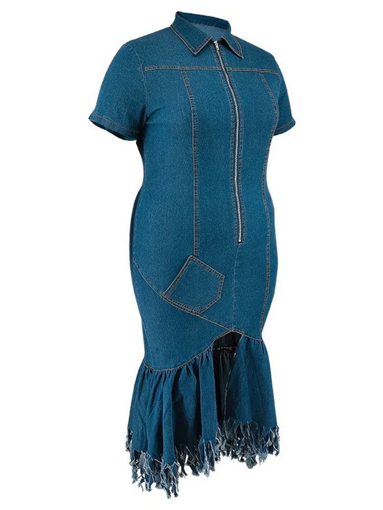 Wmstar Denim Plus Size Dresses for Women Summer Solid Zipper Tassel Hem Fashion Elegant Maxi Dress Wholesale Dropshipping 2024
