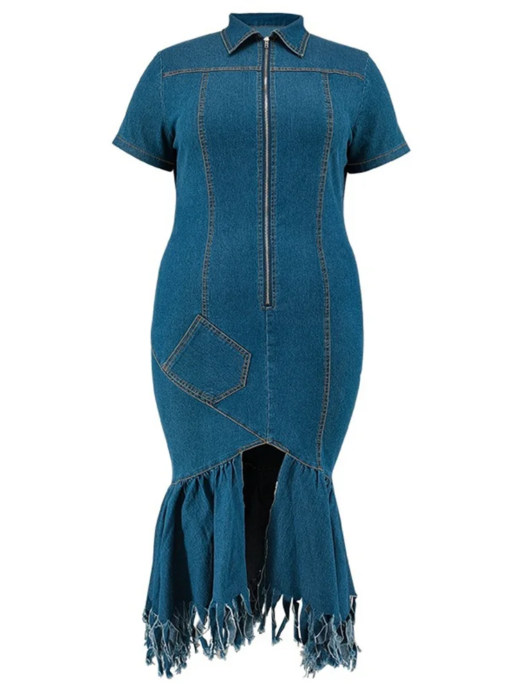Wmstar Denim Plus Size Dresses for Women Summer Solid Zipper Tassel Hem Fashion Elegant Maxi Dress Wholesale Dropshipping 2024