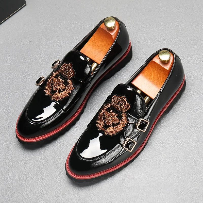 Luxury Leather Shoes for Men Fashion Embroidery Men British Style Monk Shoes High Quality Loafers Casual Business Men Shoes 2025