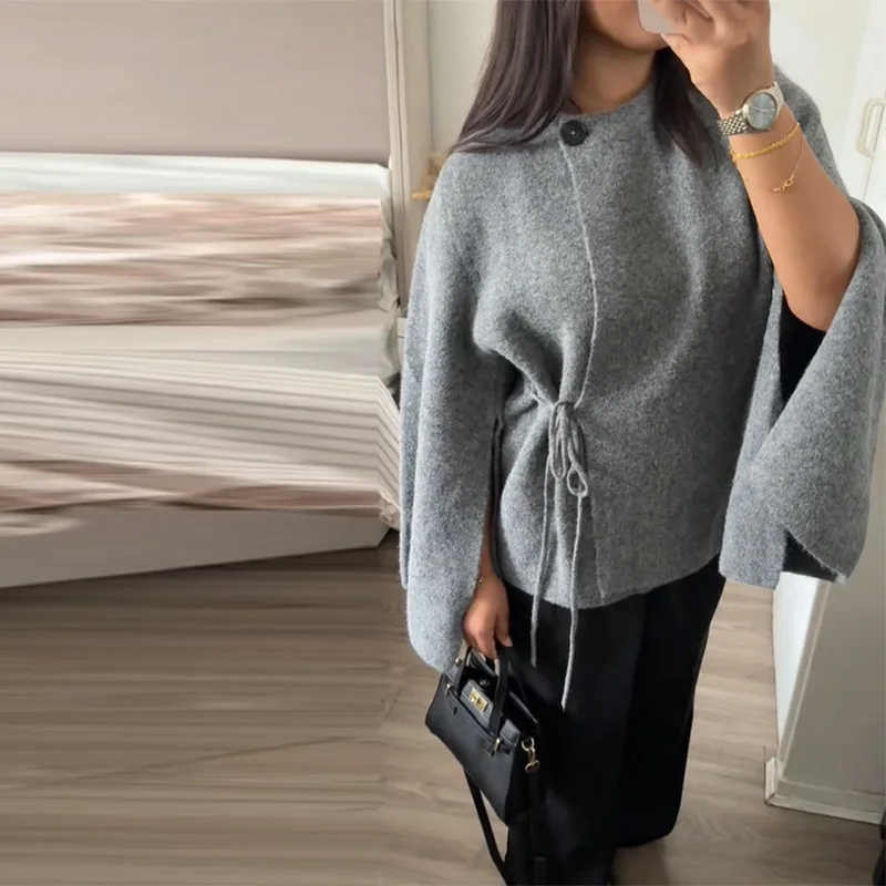 Casual Solid Women's Cardigan Lace Up Loose Knitwear Chic Spliting Batwing Sleeve Knitted Sweaters 2025 New Autumn Lady Knit Top