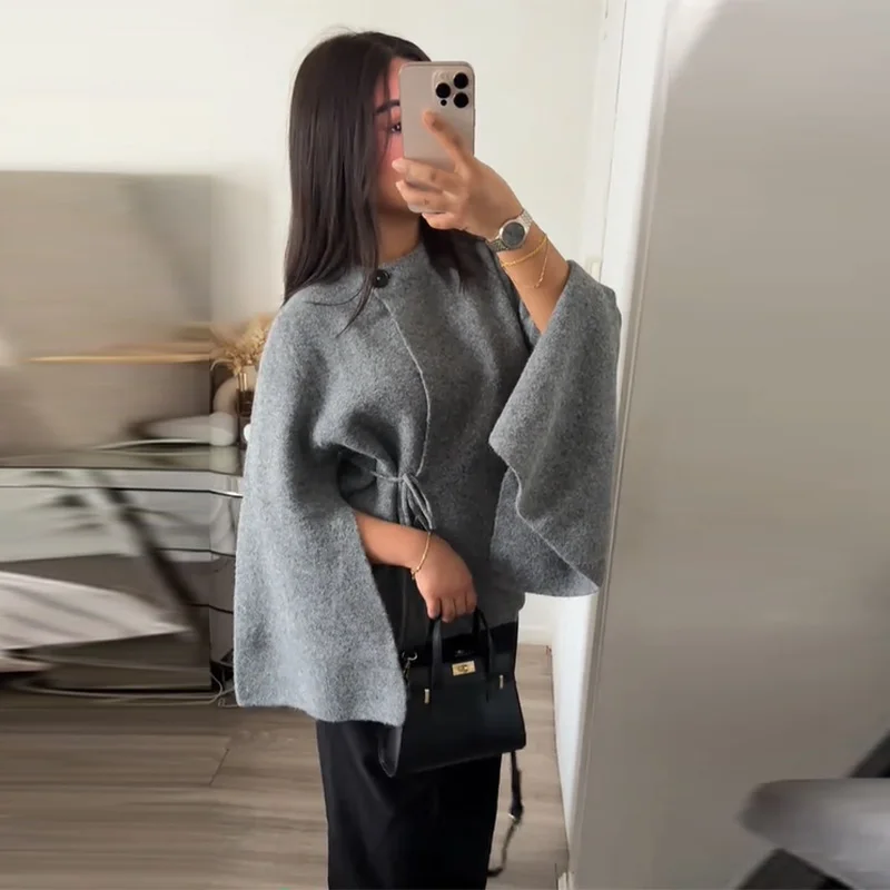 Casual Solid Women's Cardigan Lace Up Loose Knitwear Chic Spliting Batwing Sleeve Knitted Sweaters 2025 New Autumn Lady Knit Top