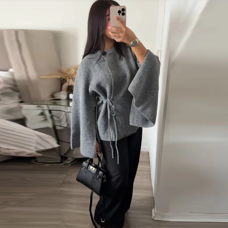 Casual Solid Women's Cardigan Lace Up Loose Knitwear Chic Spliting Batwing Sleeve Knitted Sweaters 2025 New Autumn Lady Knit Top