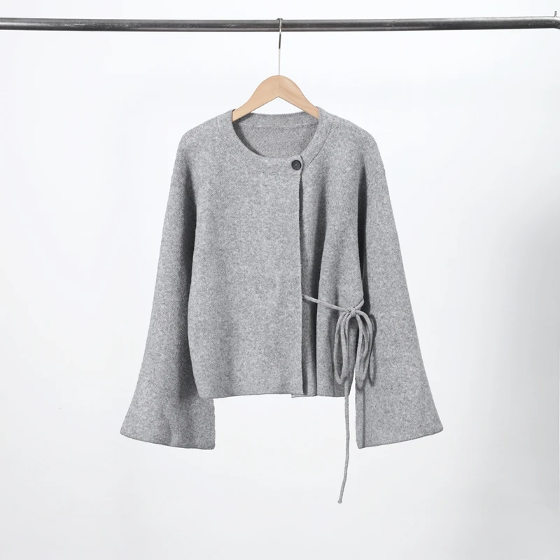 Casual Solid Women's Cardigan Lace Up Loose Knitwear Chic Spliting Batwing Sleeve Knitted Sweaters 2025 New Autumn Lady Knit Top
