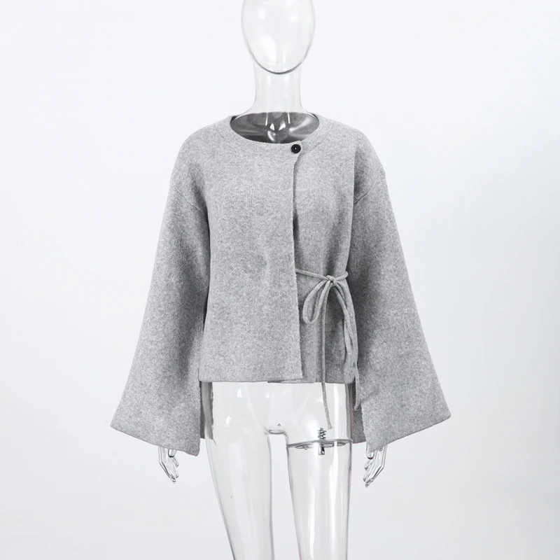 Casual Solid Women's Cardigan Lace Up Loose Knitwear Chic Spliting Batwing Sleeve Knitted Sweaters 2025 New Autumn Lady Knit Top