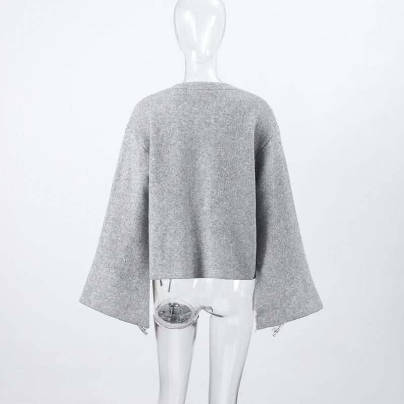 Casual Solid Women's Cardigan Lace Up Loose Knitwear Chic Spliting Batwing Sleeve Knitted Sweaters 2025 New Autumn Lady Knit Top