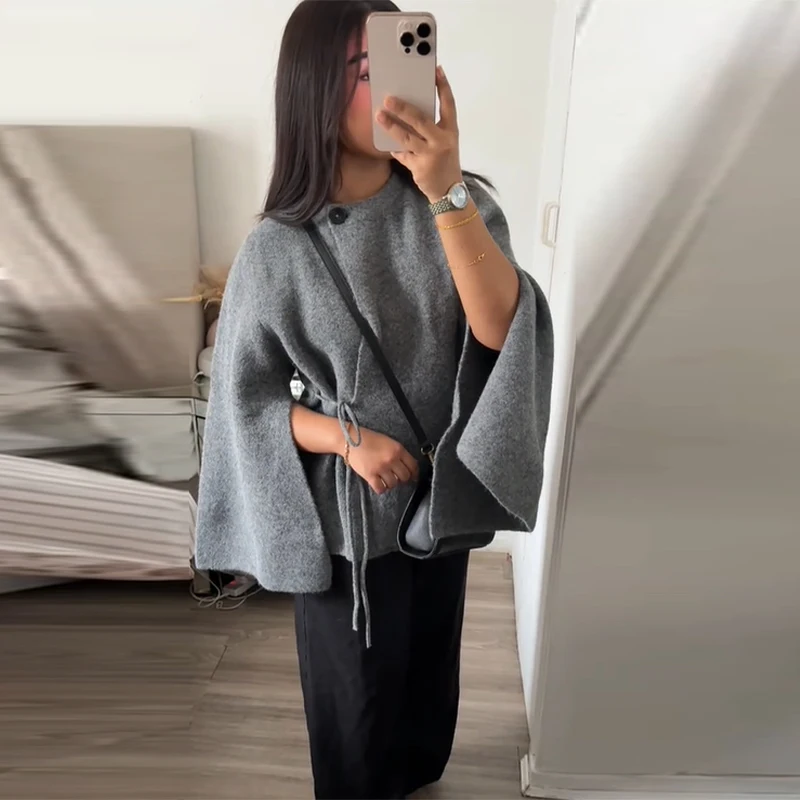 Casual Solid Women's Cardigan Lace Up Loose Knitwear Chic Spliting Batwing Sleeve Knitted Sweaters 2025 New Autumn Lady Knit Top