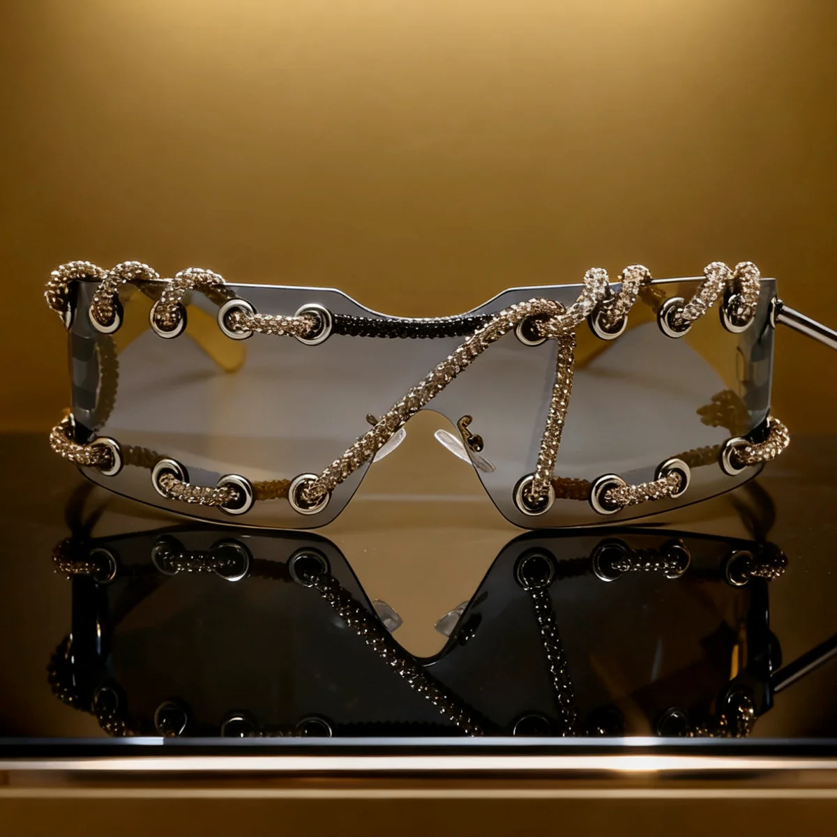 Punk Y2k sunglasses women Frameless  Sunglasses Crystal Chain One-piece Party Shades Bling Streetwear Luxury Accessories