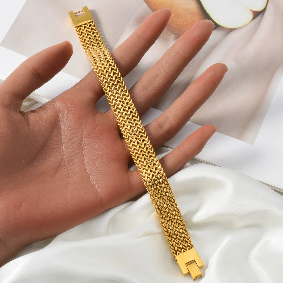 Men Stainless Steel Wide Mesh Chain Bracelet Gold Plated Woven Pattern Bangle Luxury Italian Style Jewelry Gift Valentine's Day