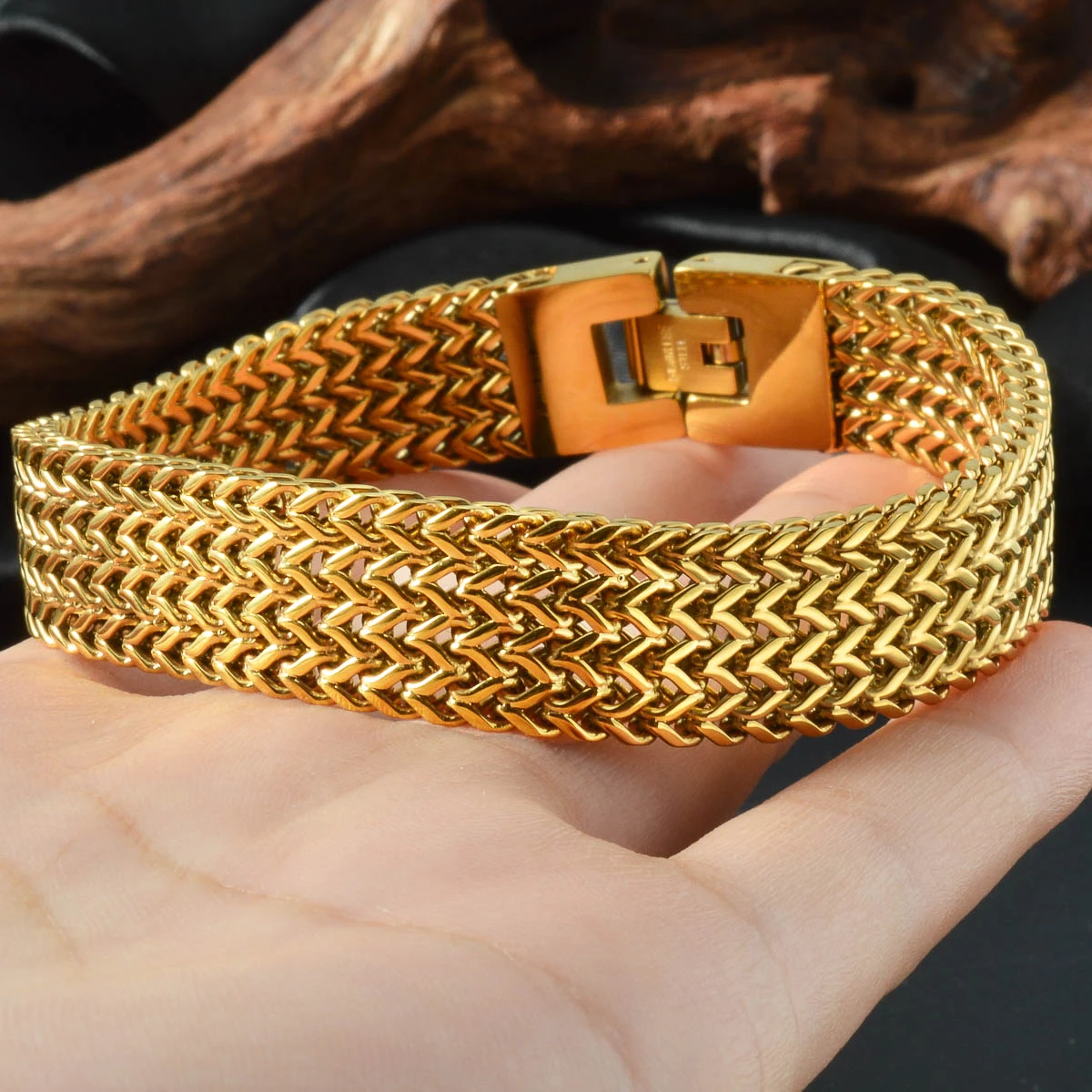 Men Stainless Steel Wide Mesh Chain Bracelet Gold Plated Woven Pattern Bangle Luxury Italian Style Jewelry Gift Valentine's Day
