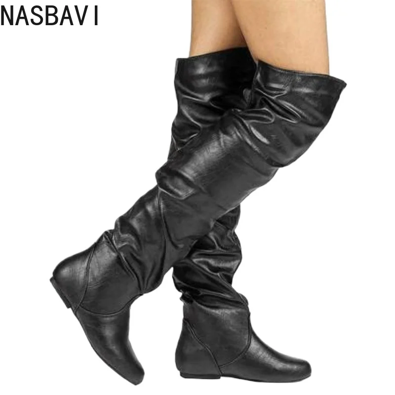 NASBAVI Over The Knee Boots Women Pu Elastic Boots Female Round Toe Shoes Concise Flat Shoes Autumn Winter 2025 Plus Size 34-48