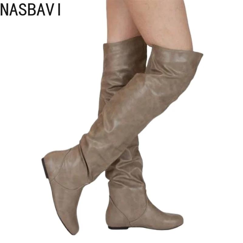 NASBAVI Over The Knee Boots Women Pu Elastic Boots Female Round Toe Shoes Concise Flat Shoes Autumn Winter 2025 Plus Size 34-48