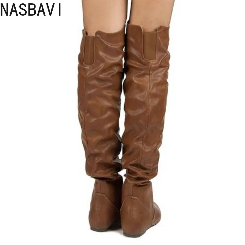 NASBAVI Over The Knee Boots Women Pu Elastic Boots Female Round Toe Shoes Concise Flat Shoes Autumn Winter 2025 Plus Size 34-48