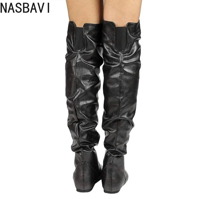 NASBAVI Over The Knee Boots Women Pu Elastic Boots Female Round Toe Shoes Concise Flat Shoes Autumn Winter 2025 Plus Size 34-48