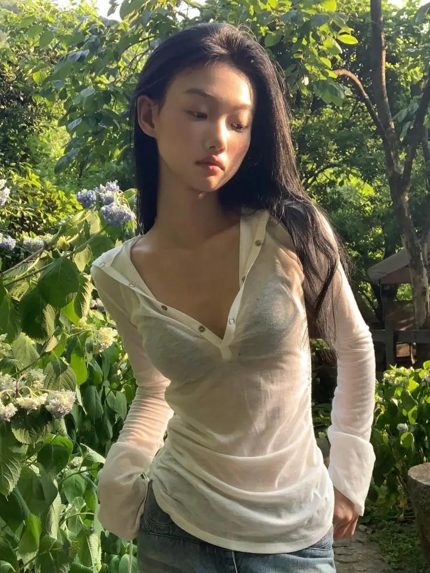 Seeslim Hooded T Shirt Women Clothes Long Sleeve See Through Slim 2000s Clothes Y2k Tees Female Clothing Chic Spring Tops Korean