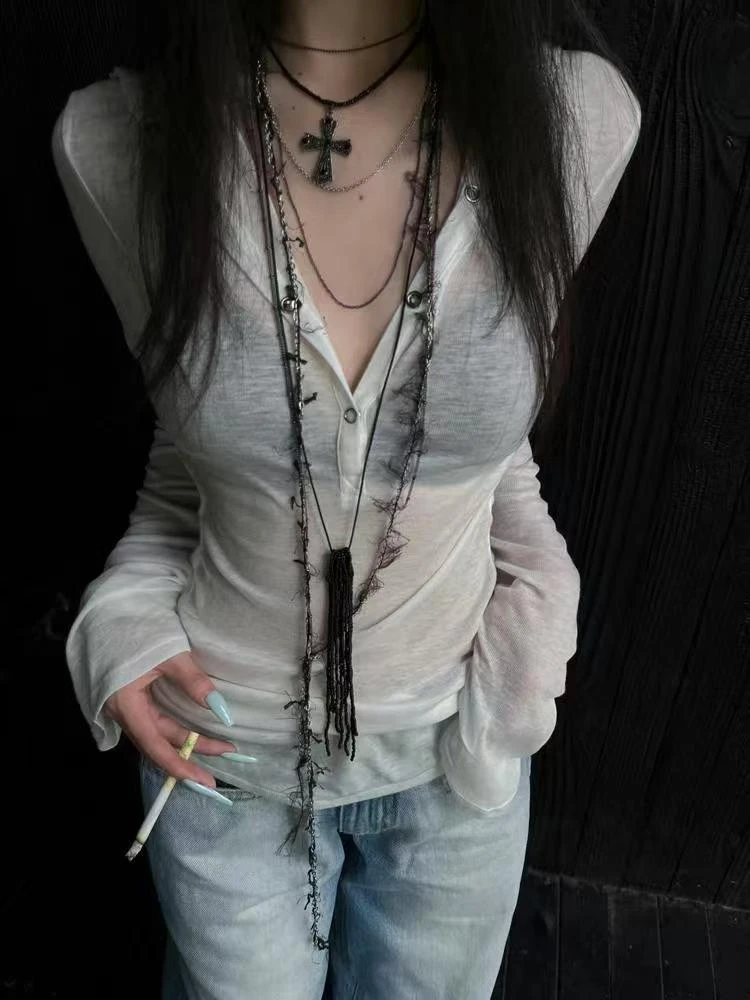 Seeslim Hooded T Shirt Women Clothes Long Sleeve See Through Slim 2000s Clothes Y2k Tees Female Clothing Chic Spring Tops Korean