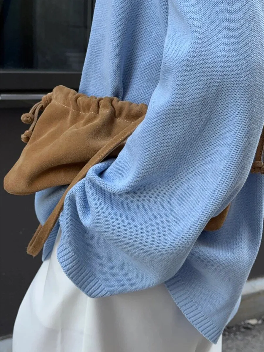 Original Backless O-neck Cotton Knit Sweater Autumn and Winter Women Simple Loose Soft Warm Elastic Daily Office Casual Sweater