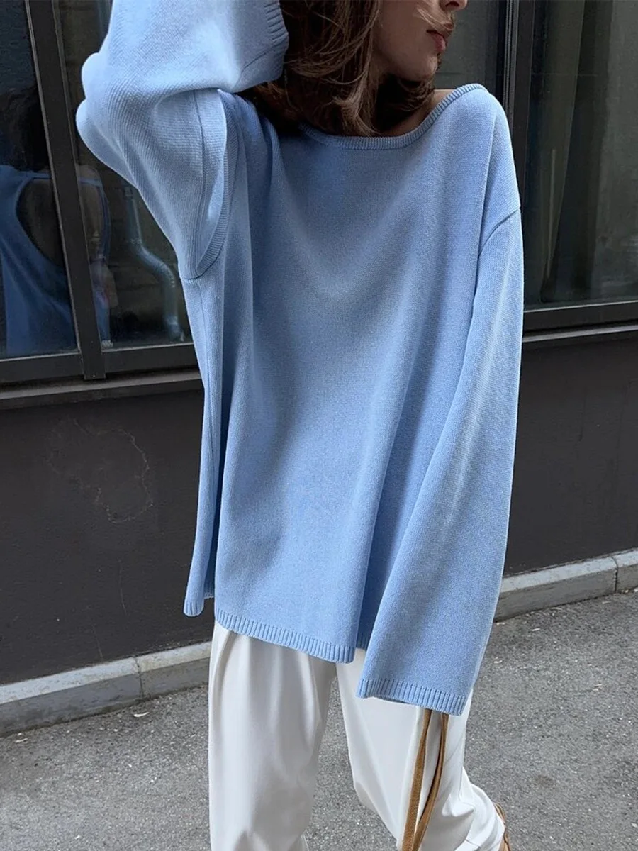 Original Backless O-neck Cotton Knit Sweater Autumn and Winter Women Simple Loose Soft Warm Elastic Daily Office Casual Sweater