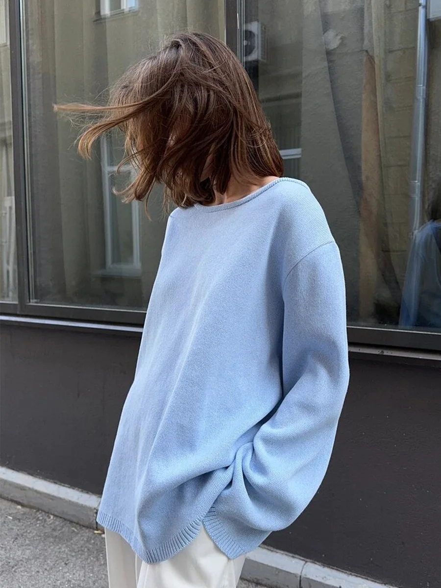 Original Backless O-neck Cotton Knit Sweater Autumn and Winter Women Simple Loose Soft Warm Elastic Daily Office Casual Sweater