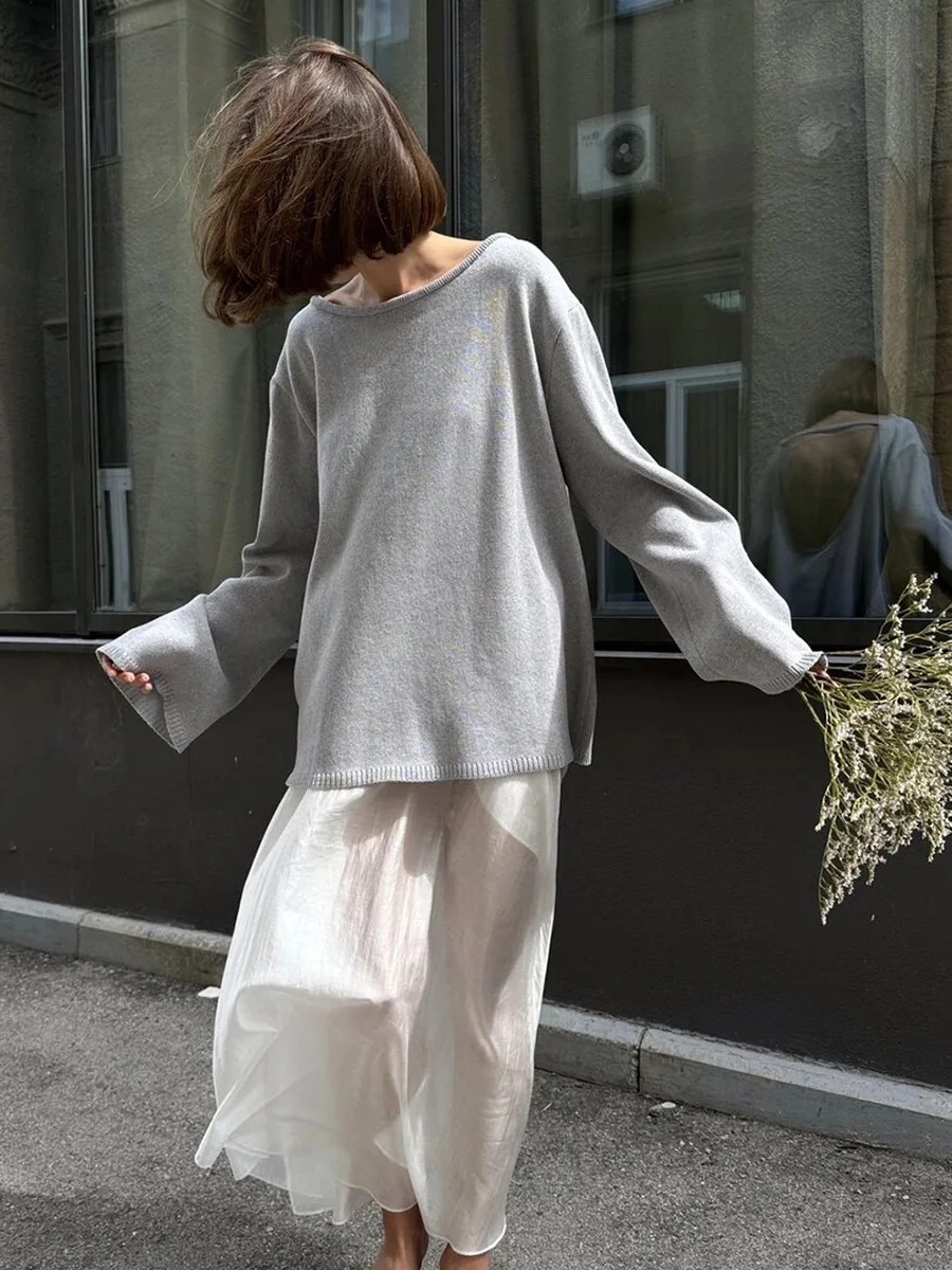 Original Backless O-neck Cotton Knit Sweater Autumn and Winter Women Simple Loose Soft Warm Elastic Daily Office Casual Sweater