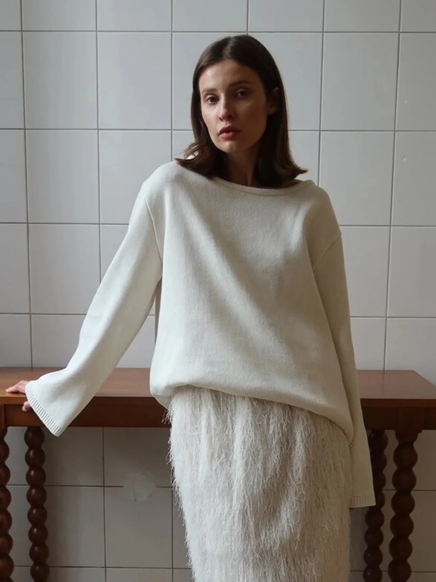 Original Backless O-neck Cotton Knit Sweater Autumn and Winter Women Simple Loose Soft Warm Elastic Daily Office Casual Sweater