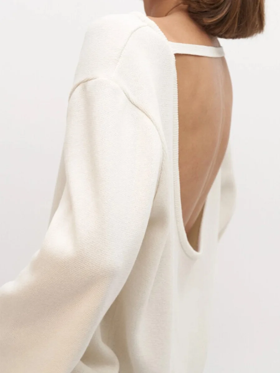 Original Backless O-neck Cotton Knit Sweater Autumn and Winter Women Simple Loose Soft Warm Elastic Daily Office Casual Sweater