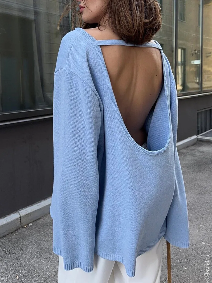 Original Backless O-neck Cotton Knit Sweater Autumn and Winter Women Simple Loose Soft Warm Elastic Daily Office Casual Sweater