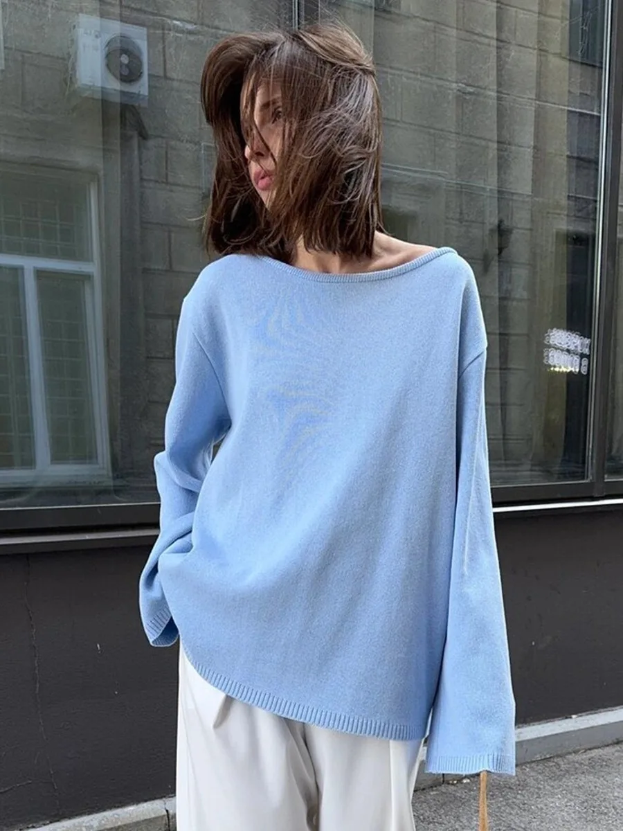 Original Backless O-neck Cotton Knit Sweater Autumn and Winter Women Simple Loose Soft Warm Elastic Daily Office Casual Sweater