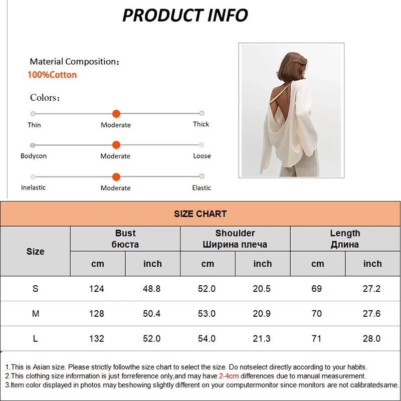 Original Backless O-neck Cotton Knit Sweater Autumn and Winter Women Simple Loose Soft Warm Elastic Daily Office Casual Sweater