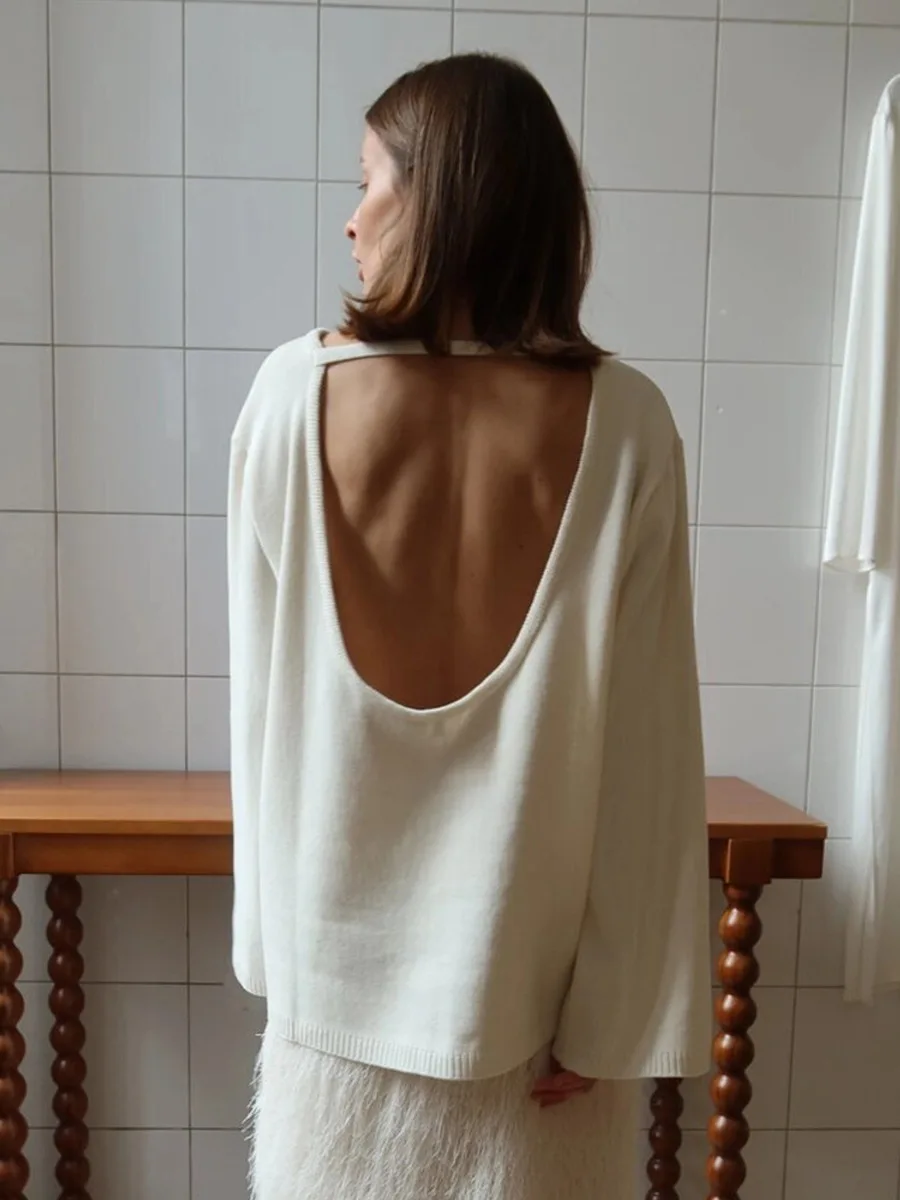 Original Backless O-neck Cotton Knit Sweater Autumn and Winter Women Simple Loose Soft Warm Elastic Daily Office Casual Sweater