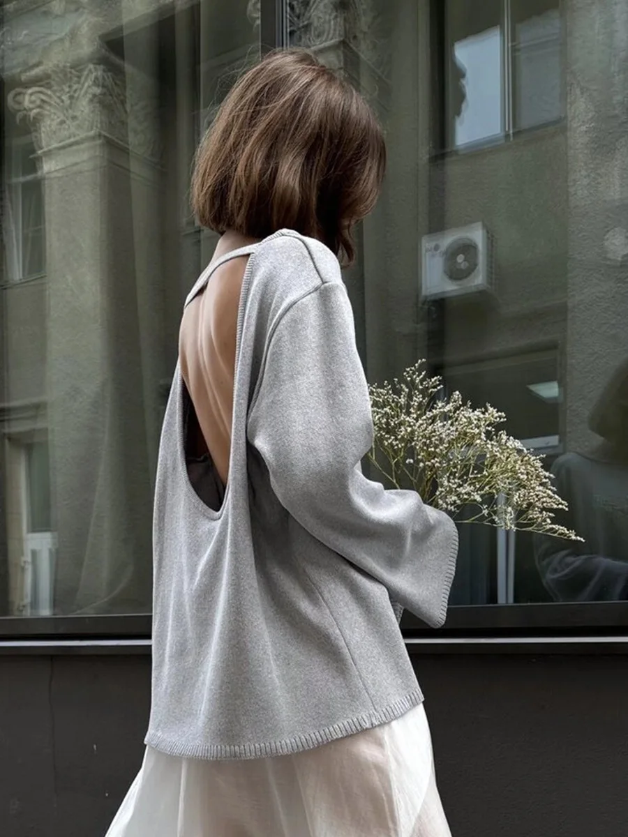 Original Backless O-neck Cotton Knit Sweater Autumn and Winter Women Simple Loose Soft Warm Elastic Daily Office Casual Sweater