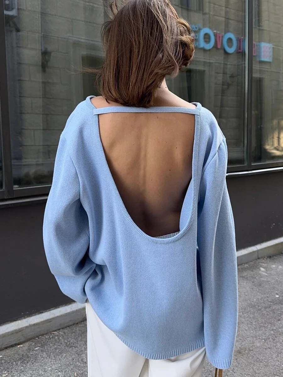 Original Backless O-neck Cotton Knit Sweater Autumn and Winter Women Simple Loose Soft Warm Elastic Daily Office Casual Sweater