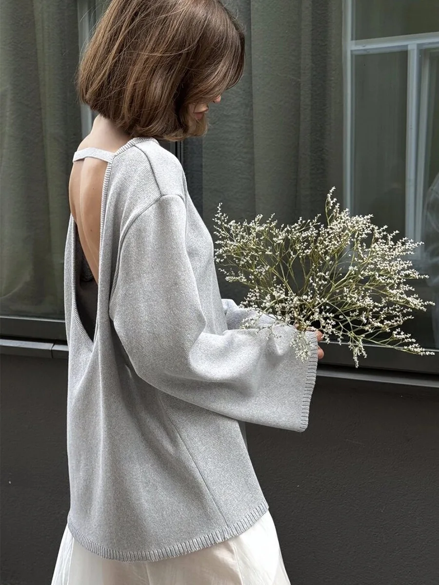 Original Backless O-neck Cotton Knit Sweater Autumn and Winter Women Simple Loose Soft Warm Elastic Daily Office Casual Sweater