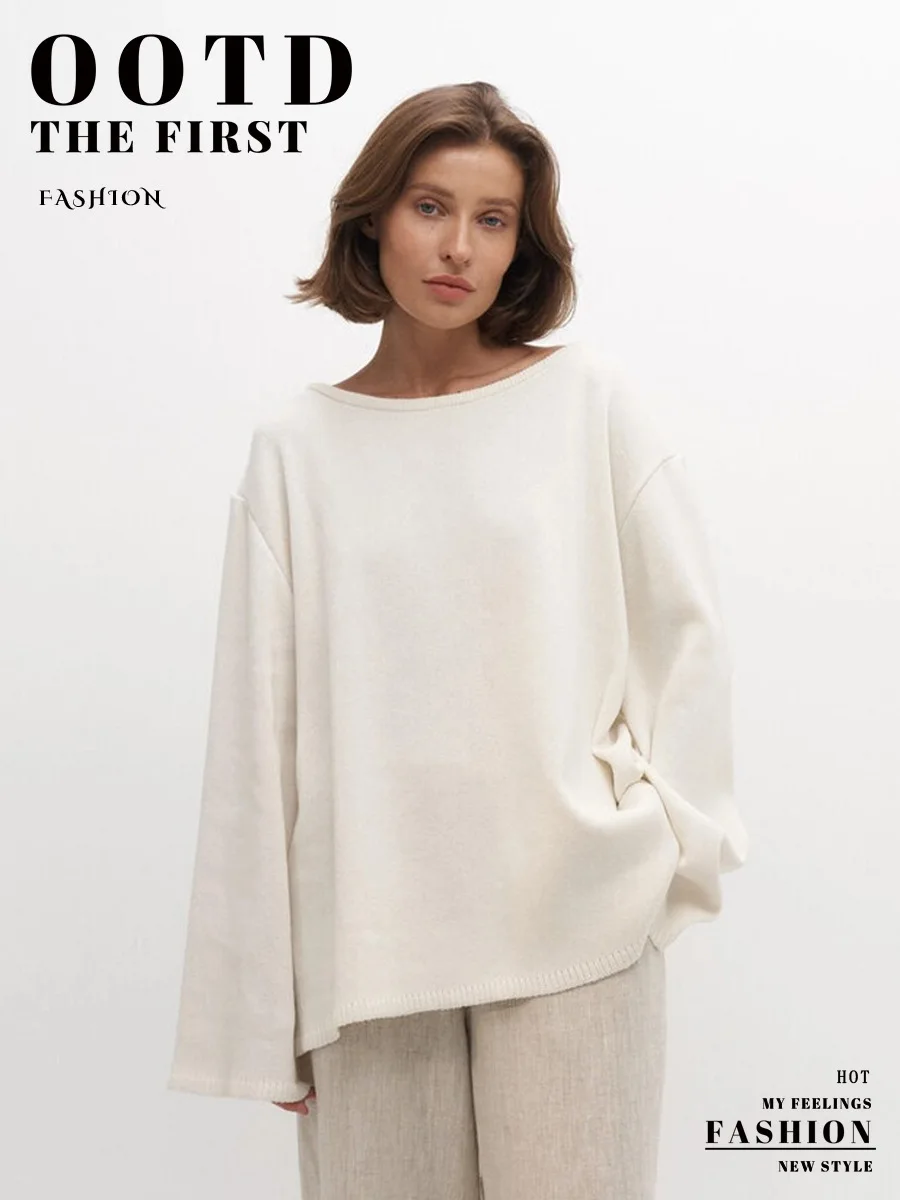 Original Backless O-neck Cotton Knit Sweater Autumn and Winter Women Simple Loose Soft Warm Elastic Daily Office Casual Sweater