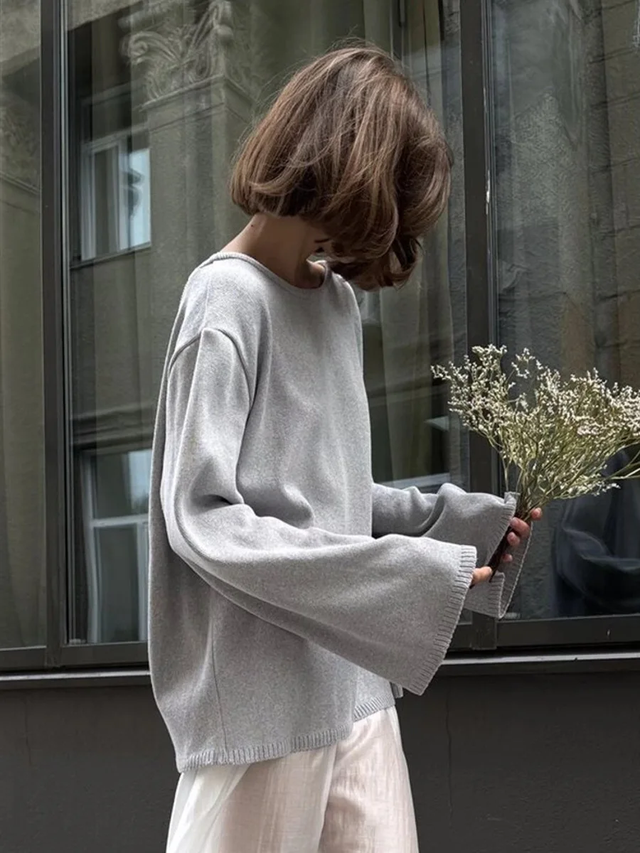 Original Backless O-neck Cotton Knit Sweater Autumn and Winter Women Simple Loose Soft Warm Elastic Daily Office Casual Sweater