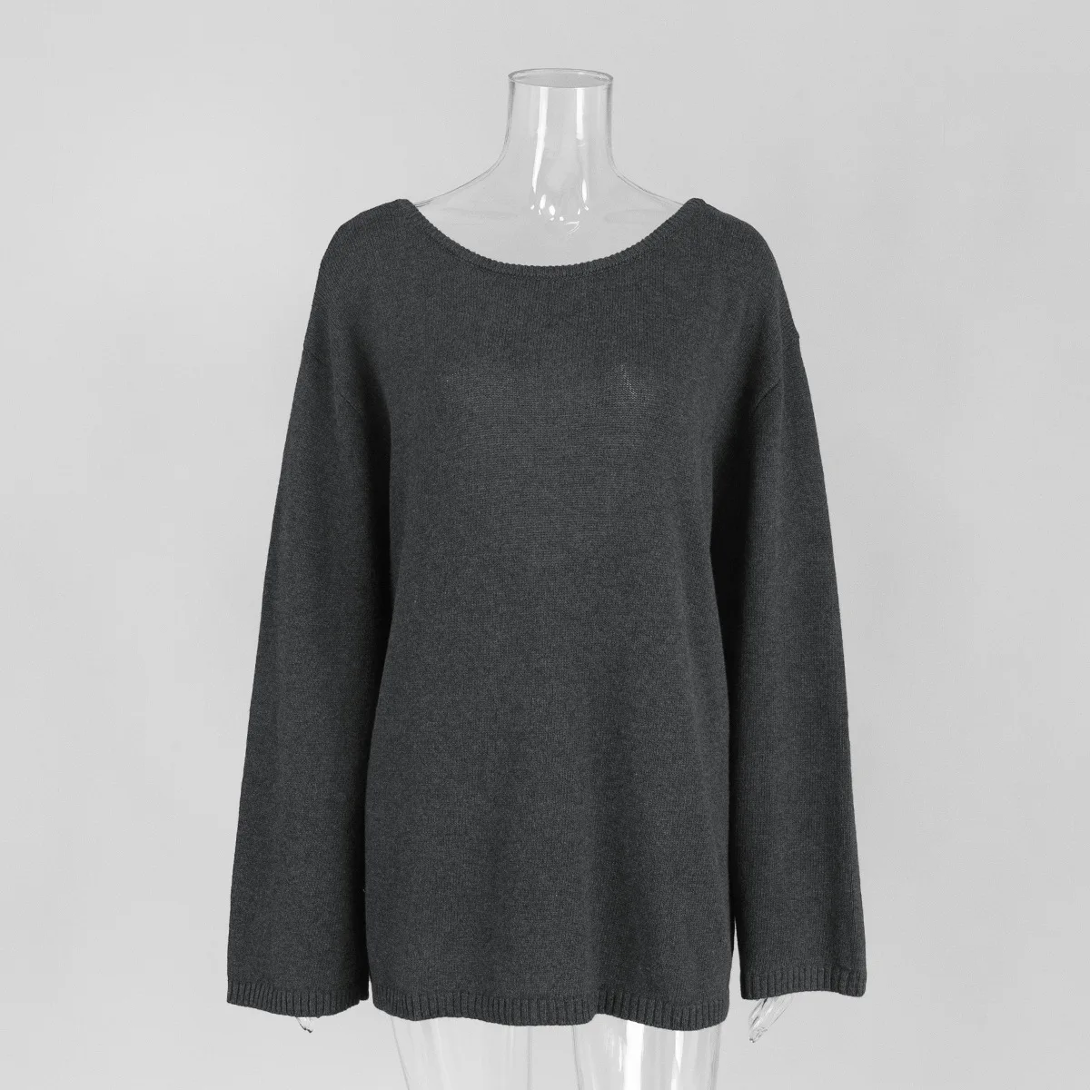 Original Backless O-neck Cotton Knit Sweater Autumn and Winter Women Simple Loose Soft Warm Elastic Daily Office Casual Sweater