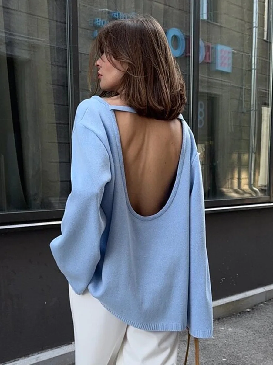 Original Backless O-neck Cotton Knit Sweater Autumn and Winter Women Simple Loose Soft Warm Elastic Daily Office Casual Sweater