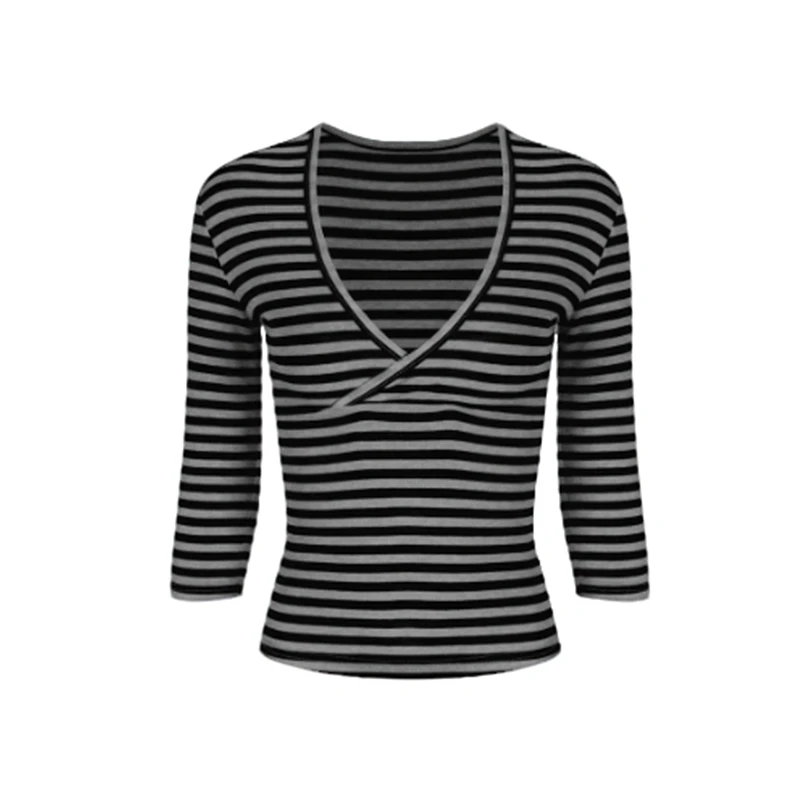 Tonngirls Y2k Aesthetic T-shirt Women Slim V Neck Striped Tee Tops Streetwear Japanese 2000s Crop Tops Outfit Tshirts E-girls