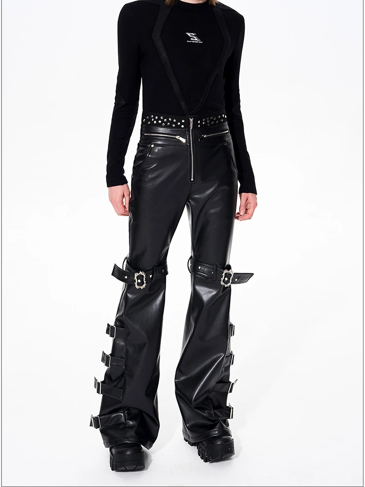 Mauroicardi Spring Autumn Cool Handsome Long Black Pu Leather Flare Pants for Men Rivet Luxury Designer Alternative Emo Clothes
