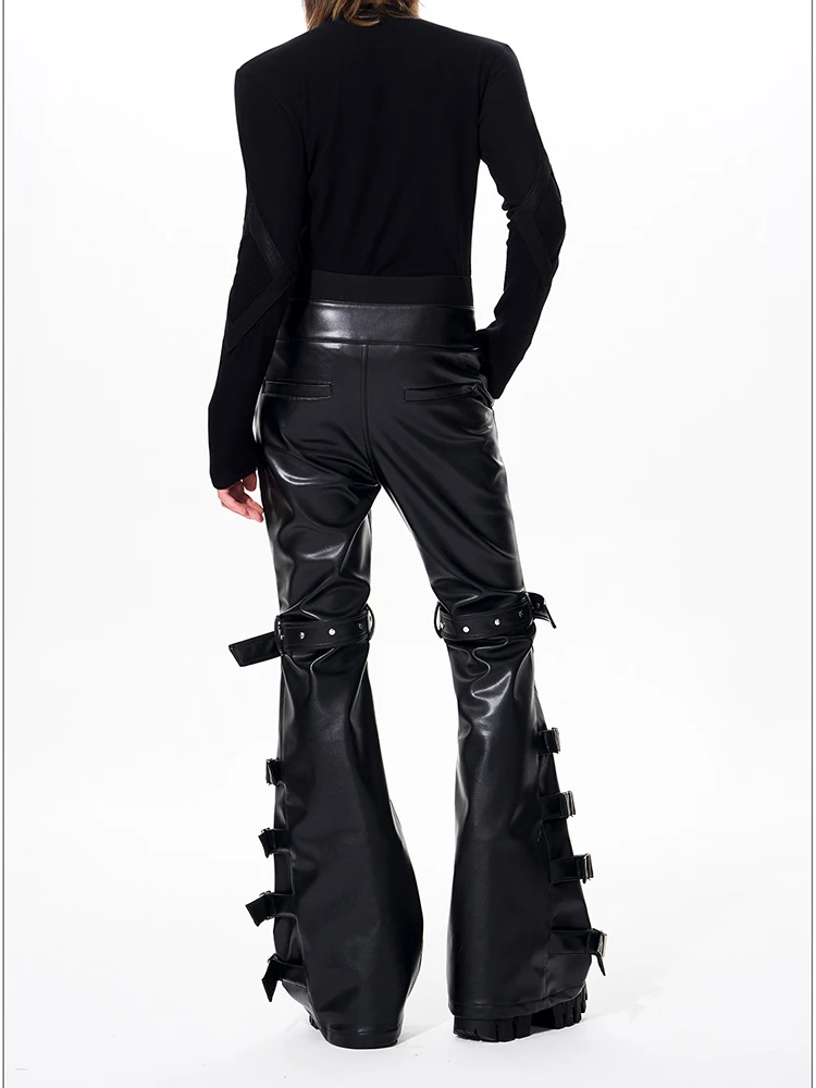 Mauroicardi Spring Autumn Cool Handsome Long Black Pu Leather Flare Pants for Men Rivet Luxury Designer Alternative Emo Clothes