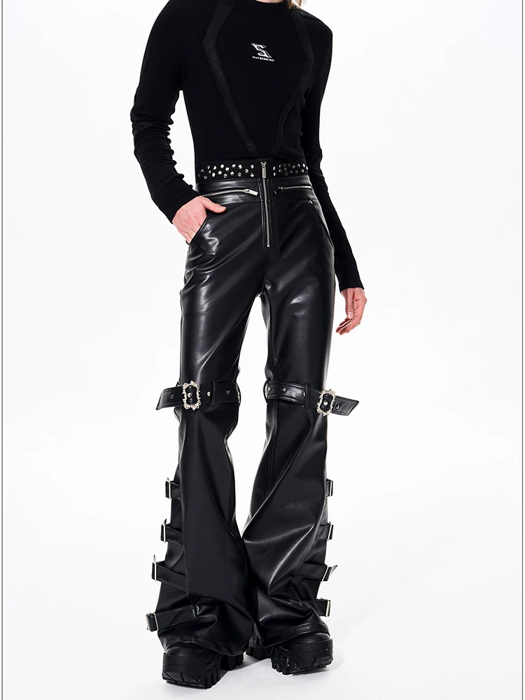 Mauroicardi Spring Autumn Cool Handsome Long Black Pu Leather Flare Pants for Men Rivet Luxury Designer Alternative Emo Clothes
