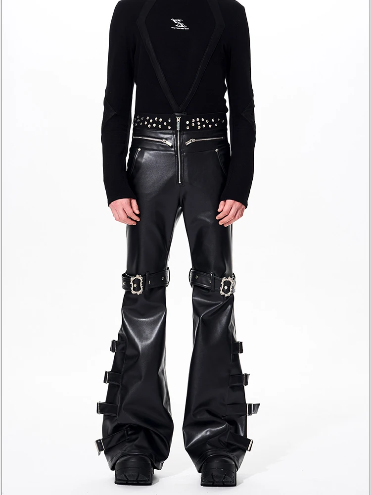 Mauroicardi Spring Autumn Cool Handsome Long Black Pu Leather Flare Pants for Men Rivet Luxury Designer Alternative Emo Clothes