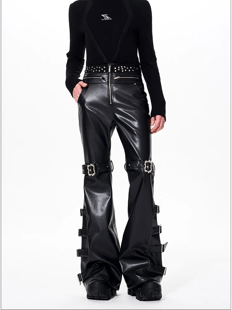 Mauroicardi Spring Autumn Cool Handsome Long Black Pu Leather Flare Pants for Men Rivet Luxury Designer Alternative Emo Clothes