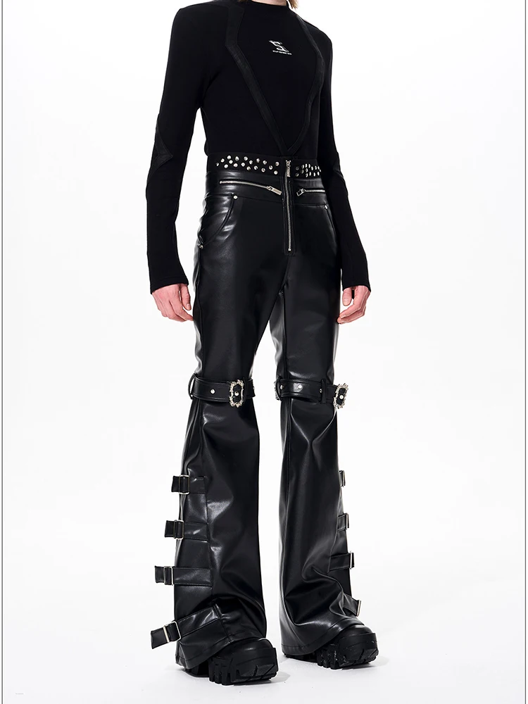 Mauroicardi Spring Autumn Cool Handsome Long Black Pu Leather Flare Pants for Men Rivet Luxury Designer Alternative Emo Clothes