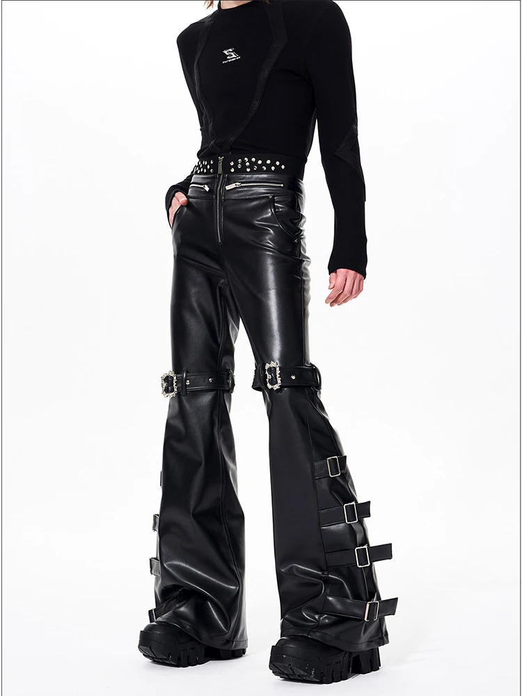 Mauroicardi Spring Autumn Cool Handsome Long Black Pu Leather Flare Pants for Men Rivet Luxury Designer Alternative Emo Clothes
