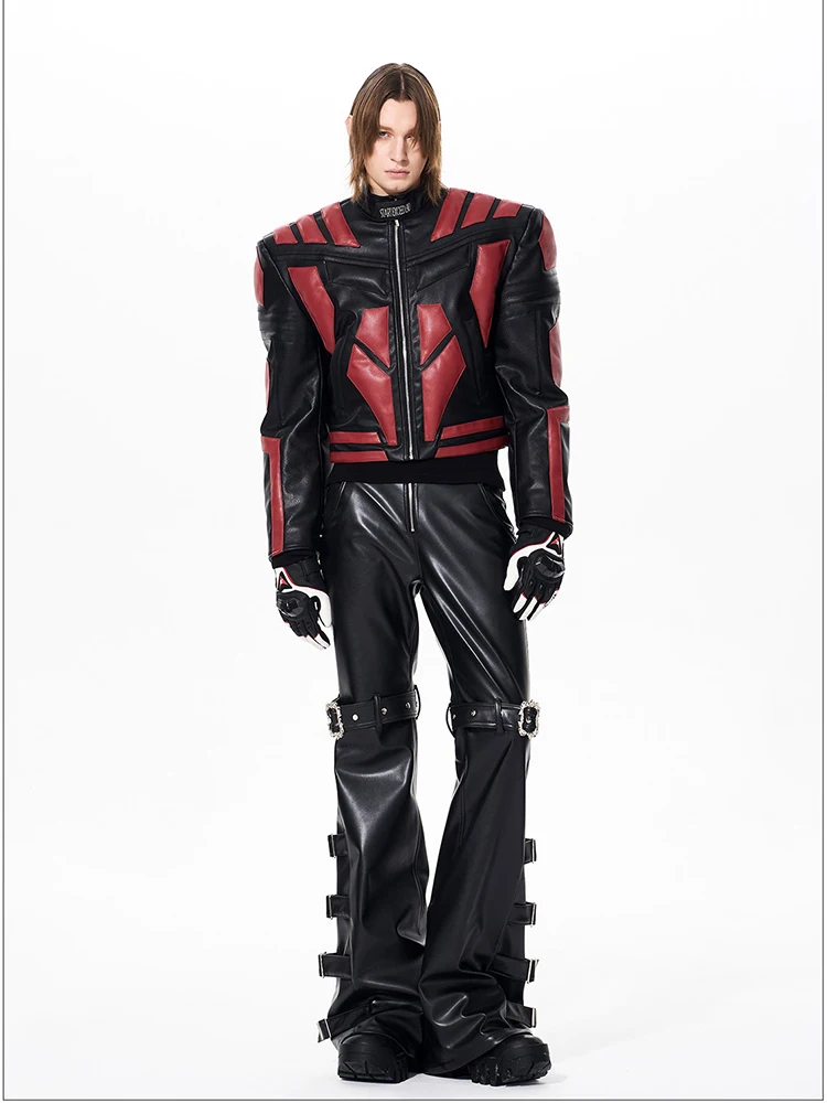 Mauroicardi Spring Autumn Cool Handsome Long Black Pu Leather Flare Pants for Men Rivet Luxury Designer Alternative Emo Clothes