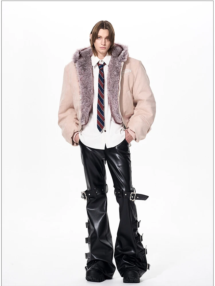 Mauroicardi Spring Autumn Cool Handsome Long Black Pu Leather Flare Pants for Men Rivet Luxury Designer Alternative Emo Clothes